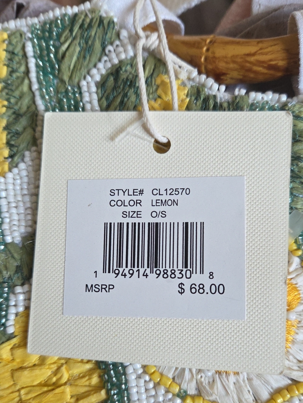 Womens SOL and MER Beaded Summer Satin Purse Tote Bag Lemons Wood Handles NWT - Picture 5 of 9